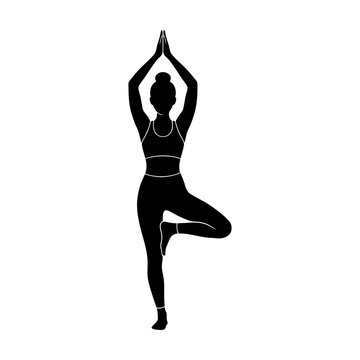 Woman practicing yoga in tree pose with arms raised Vector