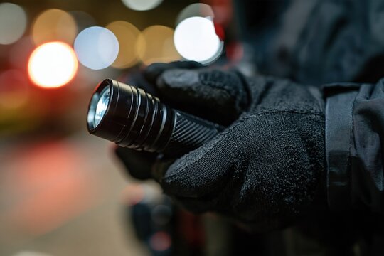 Officer gloved hands holding flashlight during nighttime patrol in urban setting