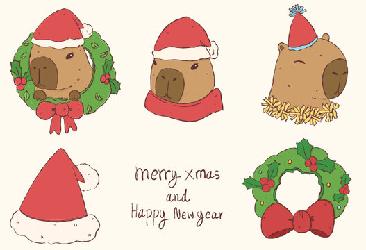 Cute hand drawn Christmas and New Year set featuring adorable capybaras wearing Santa hats, festive wreaths, party hats, and holiday greeting text.