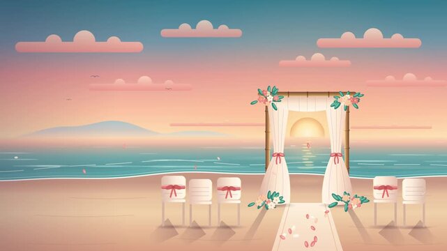 Romantic beach wedding ceremony setup at sunset with floral arch
