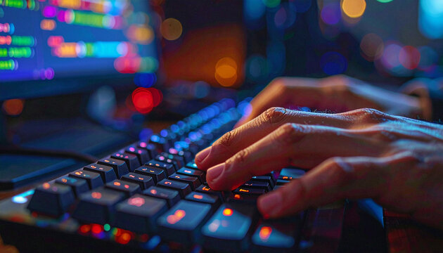 Coding in Neon Glow: A close-up of hands typing on a mechanical keyboard, illuminated by the vibrant, multi-colored glow of a computer screen displaying lines of code in a dark room.