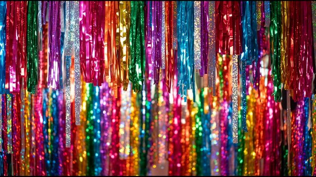 Colorful metallic tinsel foil fringe curtain moving with sparkling bokeh lights stock video
