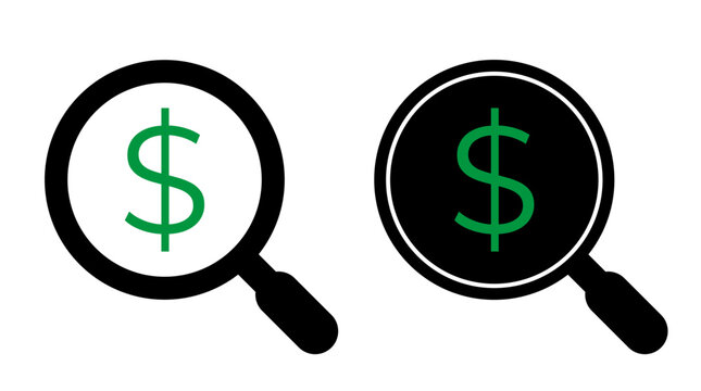 Magnifying glass over dollar sign, representing financial search and analysis isolated on white background