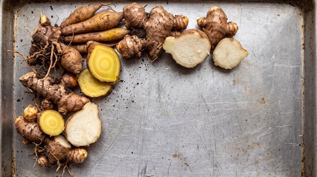 Raw Sliced Fingerroot and Aromatic Ginger Rhizomes on Rustic Metal Tray