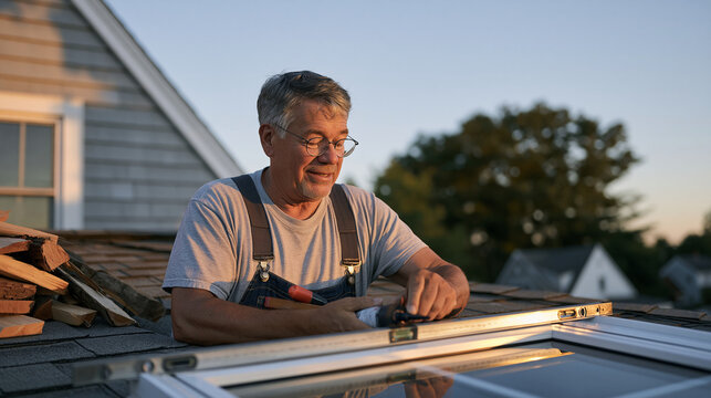 An elderly tradesperson weighs window sealant components carefully on a twilight blue hour rooftop, a pile of sawn timber offcuts stacked neatly to one side, the spirit level
