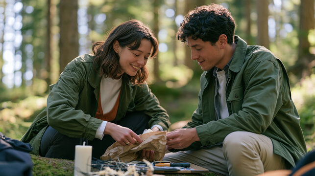 A candle maker and her partner crouch together on a forest trail, wrapping finished pillar candles in kraft paper on a mossy log, a cluttered workbench of wicks and wax tools