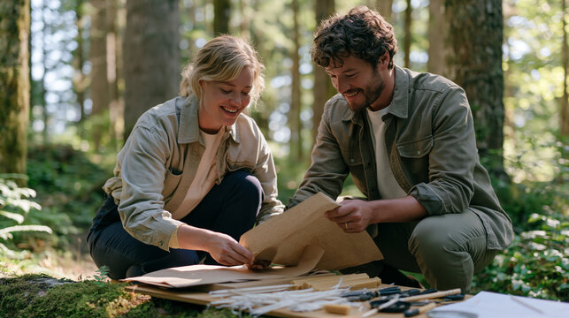 A candle maker and her partner crouch together on a forest trail, wrapping finished pillar candles in kraft paper on a mossy log, a cluttered workbench of wicks and wax tools