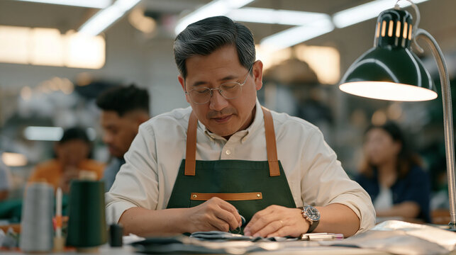 A glove maker works beneath an overcast dramatic sky through a skylight window, artificial lamp illuminating delicate stitching as a diverse team waits patiently through a