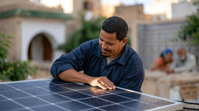 Solar installation worker in rain soaked Moroccan medina street speeds up panel wiring on a rooftop, a hand written cardboard sign taped to the access door below, a couple