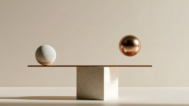 Two spheres rest on a minimalist balance beam  one matte and one metallic  suspended above a stone pedestal against a neutral background