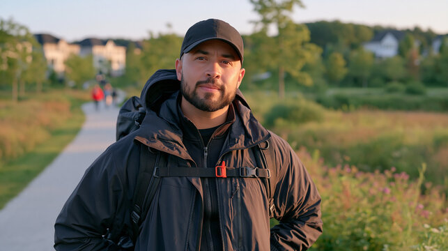 a content creator stretches tired shoulders after hours standing outdoors filming, a quiet pause before the next take visible as candid pedestrians pass on the wide nature trail