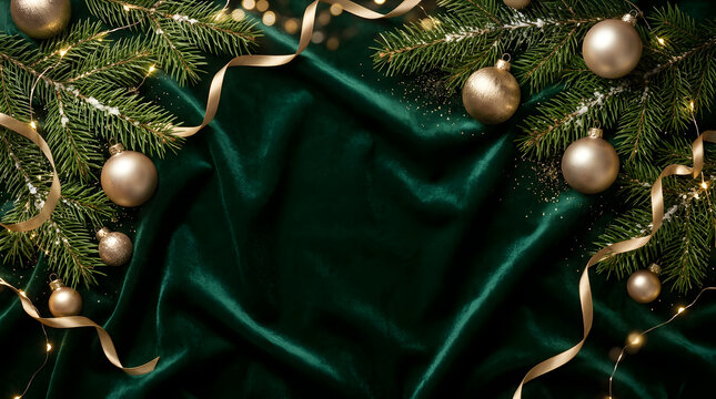 Elegant Christmas and New Year background with fir branches, golden ornaments, and ribbon