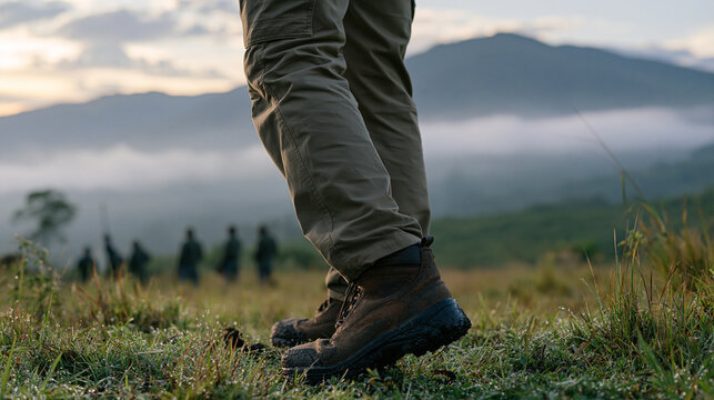 A Colombian highland beekeeper in early morning mist coordinates with a remote cooperatives team over a field radio, a worn pair of mud caked work boots planted in dew covered