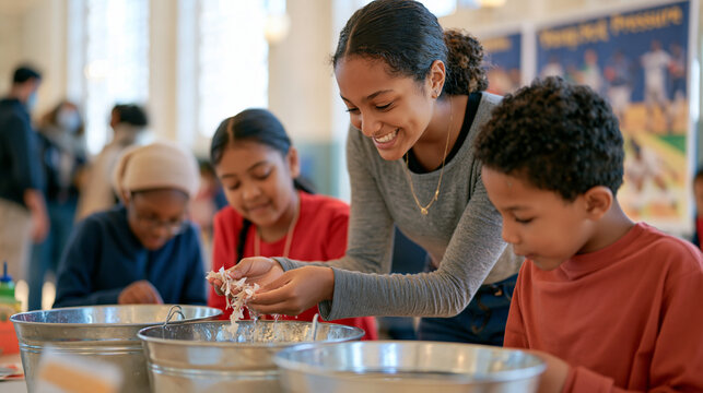 A group of children from various backgrounds soak torn paper strips in water buckets in a crowded community arts hall, a spilled puddle being wiped up near the palm reading