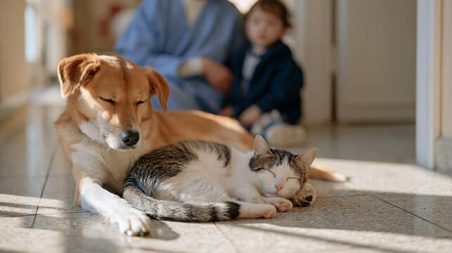 a dog and cat curled together in a clinic sunbeam sleep undisturbed while an acupuncture practitioner celebrates a milestone with a child watching curiously from the doorway in a