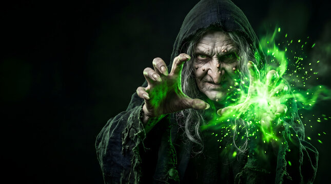 Scary old witch casting glowing green magic at the camera with dark copy space.