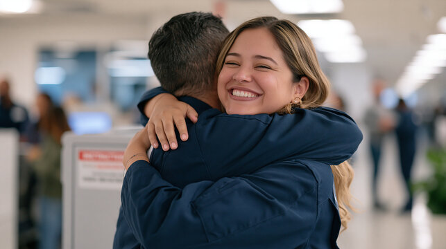 A telecommunications worker celebrates an indoor promotion announcement in a busy urban office hallway, a faded instruction sticker on a circuit box just behind her shoulder, a