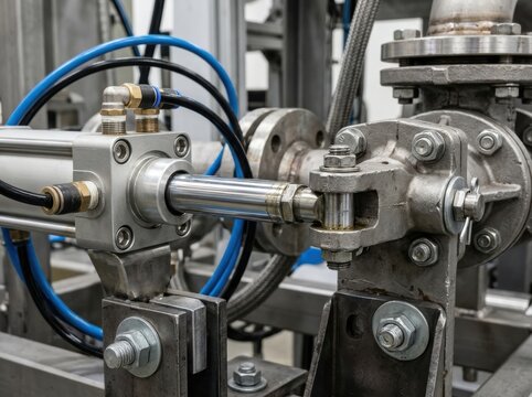 pneumatic actuator closeup Industrial metal machinery with gears and pneumatic tubing in a factory.