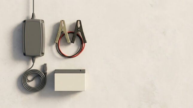 A 12v battery charger with jump starter cables and a lead acid battery displayed on a clean light grey background