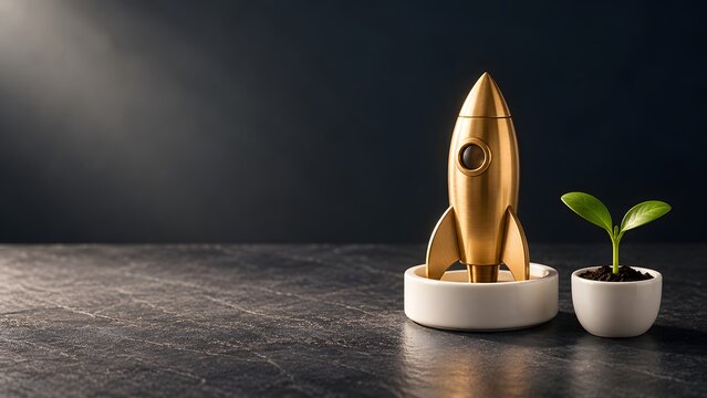 Golden rocket ship symbolizing startup growth and new beginnings next to a small green seedling in a pot
