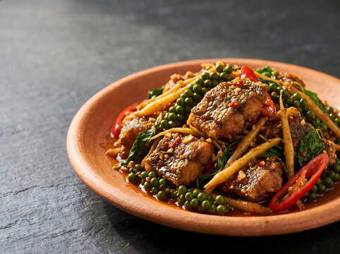 Thai spicy stir fried crispy catfish Pad Cha with fresh green peppercorns and herbs in terracotta plate on dark slate