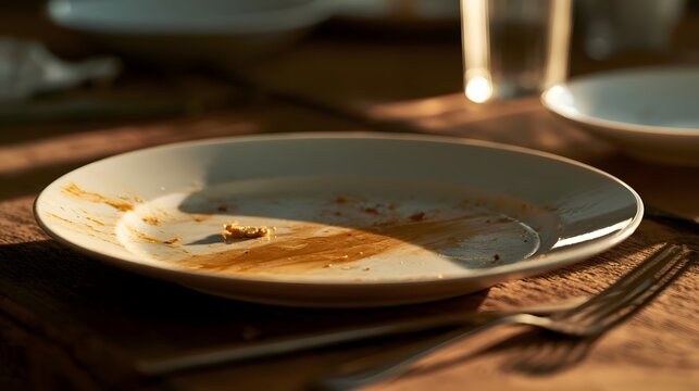 An empty white plate with food residue rests on a wooden table under warm sunlight  with a fork nearby