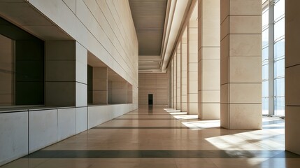 Fototapeta premium A long empty modern architectural corridor with tall columns polished floors and natural light from large