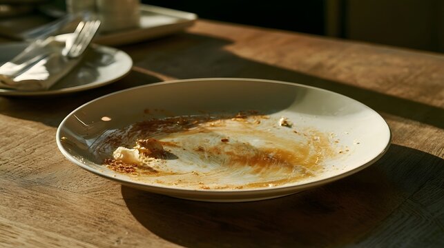 An empty white plate with food residue sits on a wooden table bathed in warm sunlight  suggesting a recently finished meal
