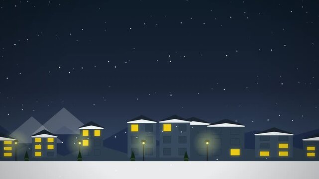 Snowy night town with glowing windows and street lamps in flat vector style