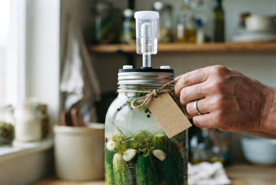 Hand placing a blank kraft tag on a glass jar filled with herbs and liquid beside a clear dispenser in a softly lit kitchen