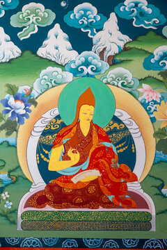 Painting of a seated lama with a pointed yellow hat holding a scroll at Thiksey monastery, Ladakh, Thiksey, India