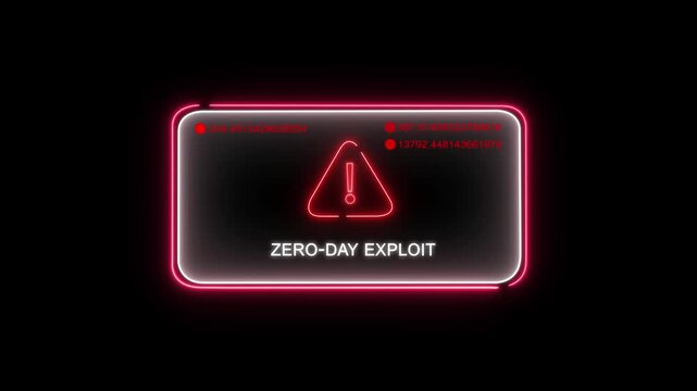 Cybersecurity warning interface featuring a glowing red neon zero-day exploit alert notification with dynamic digital data streams and system error warning symbols for advanced network security