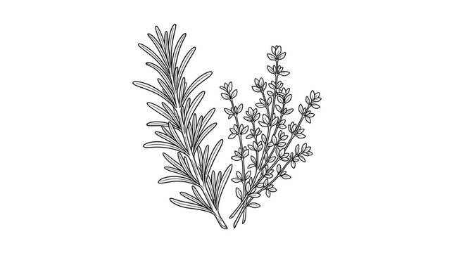 Hand drawn rosemary and thyme herb sprigs illustration