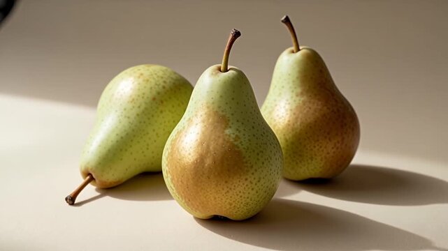 Three Fresh Green and Golden Pears on a Warm Beige Background