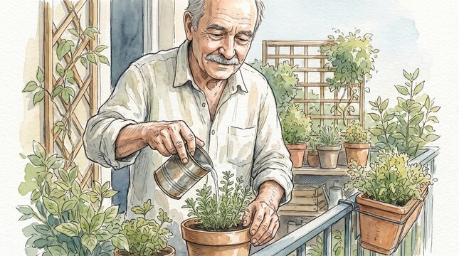 gardening metaphors, an older man cares for plants on a sunlit balcony, reflecting serenity