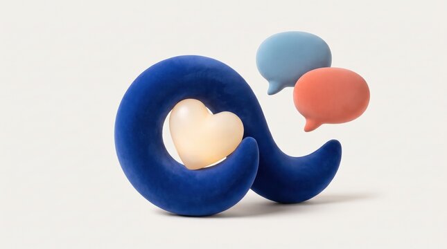 mens wellness design, a playful velvet moustache sculpture embraces a glowing heart and speech bubbles