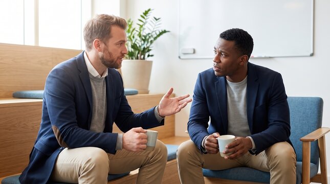 workplace diversity dialogue, male colleagues engage in a supportive conversation in a warm office space