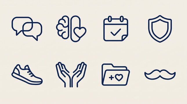 mens health icons, a collection of polished monoline icons symbolizing mens wellbeing, featuring a brain-heart connection, running shoe, and supportive hands in deep navy and blue
