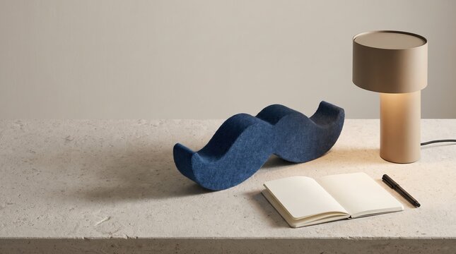 mens health awareness, a blue felt moustache-shaped object rests beside a notebook and pen