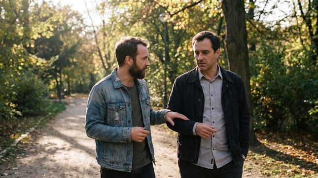 mental health awareness, two men of different cultures engage in a deep conversation in a park