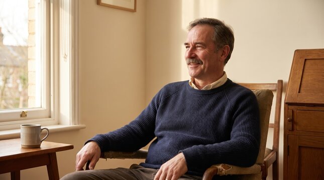mens health awareness, a confident middle-aged man with a moustache sits thoughtfully by a window