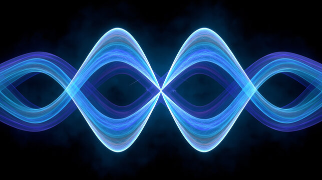 Symmetrical neon blue infinity wave structure glowing in dark digital space for futuristic science and energy concepts.