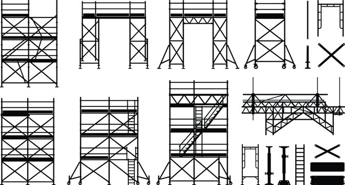 Black and white vector silhouettes of construction scaffolding towers, frames, platforms, and building tools isolated on a white background