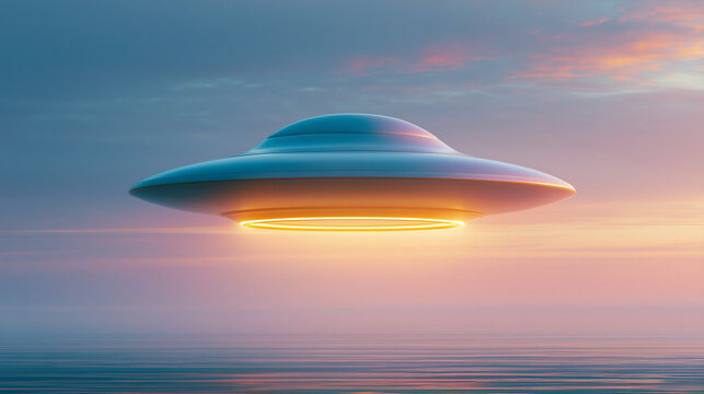 UFO flying over tranquil ocean at sunset, with soft sky colors and glowing orange lights for mystery and sci-fi themes.