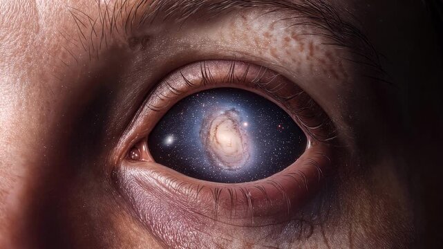 Spiral galaxy rotating within human eye pupil representing perception and consciousness. Macro close-up shot.