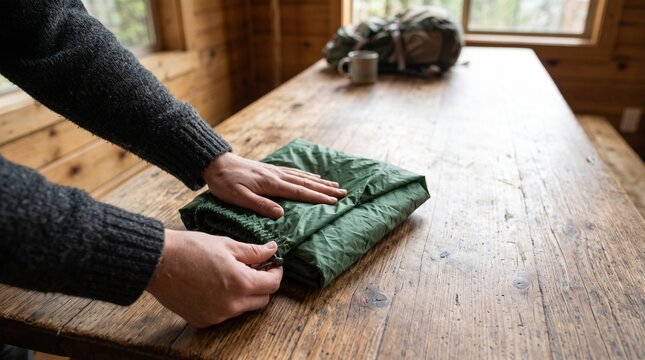 Person folding green waterproof jacket on rustic wooden table in cabin with backpack and mug in background