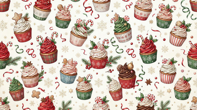 Christmas cupcake pattern with colorful frosting and candy canes for festive bakery packaging.