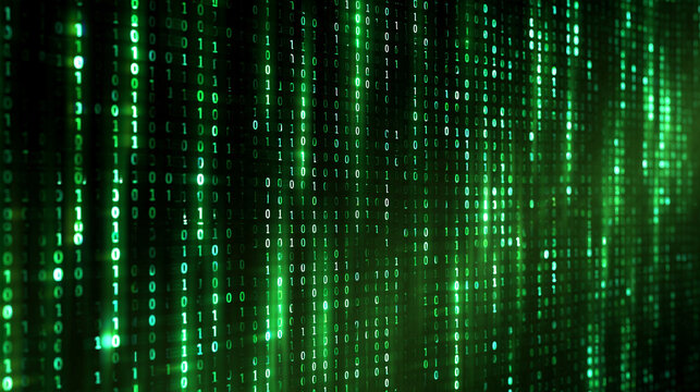 Abstract green digital binary code matrix texture background, technology, computer, cyberspace, internet, data network, programming and coding concept, with copy space