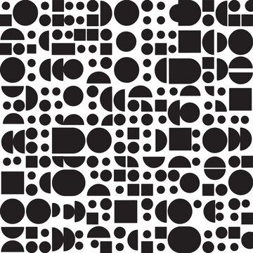 Brutalism geometric seamless pattern with black circles and squares for bold industrial background texture.
