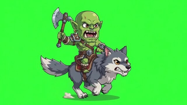 Fantasy gnome warrior riding wolf with axe and shield in green background